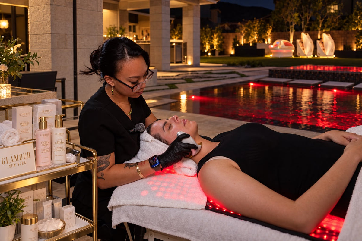 Aesthetician giving a facial treatment on a red light mat beside the pool