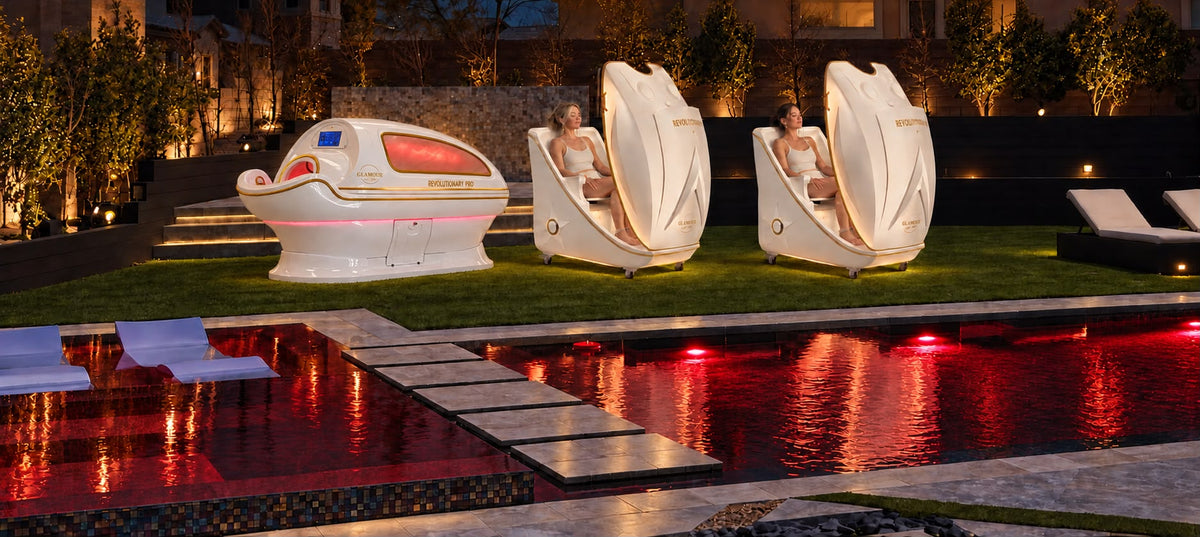 Glamour New York spa pods and red-lit pool at the VIP event venue